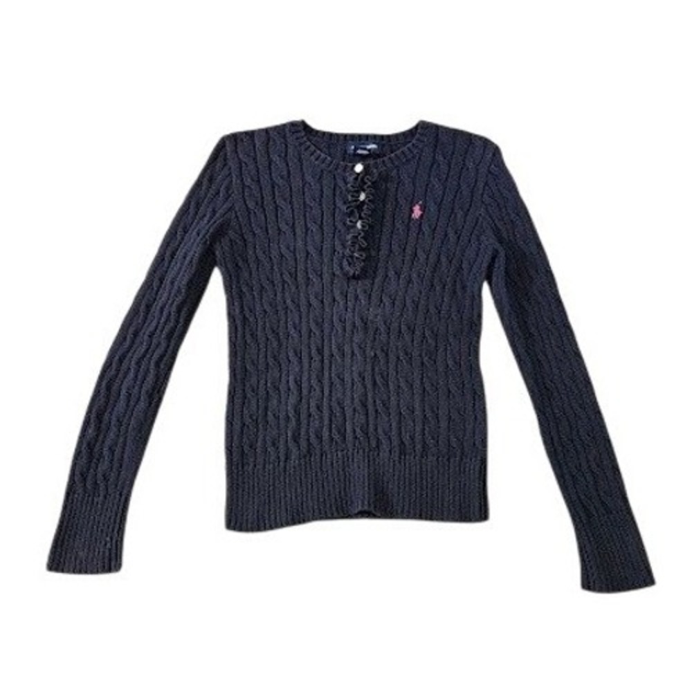 Ralph Lauren Cable Knit Ruffle Button Sweater Girl Size Large Navy Blue Cotton